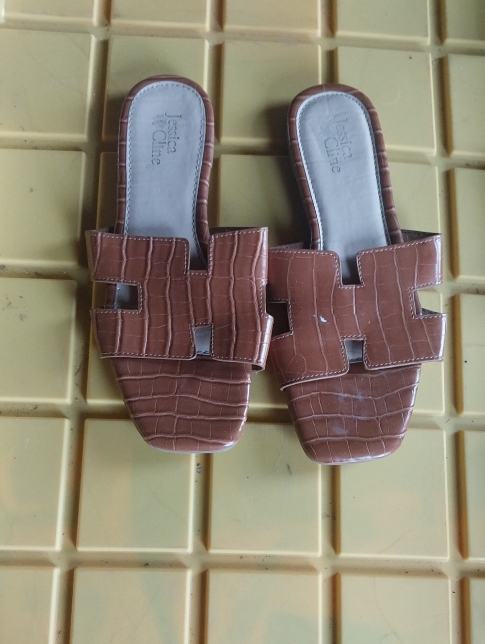 Jessica Cline Brown Croc-Embossed Slide Mules